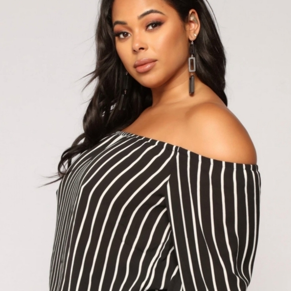 Off the shoulder black and white striped top - Picture 3 of 5